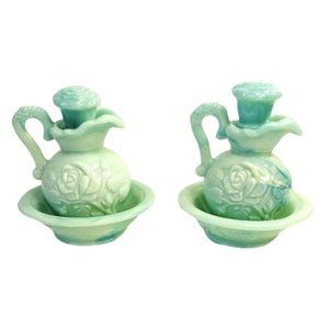 Avon Jadeite Decanter Bottle Pitcher and Bowl w/ Stoppers 5" Victoriana Glass